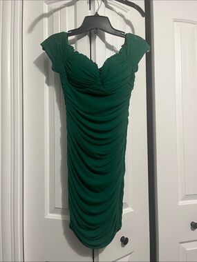 privy Emerald Ruched Midi Dress with Cap Sleeves